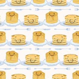 cute vector blueberry pancake day breakfast illustration. seamless repeating pattern. hand drawn stack of delicious pancakes with maple syrup, kawaii smiling face knife and fork. food celebration.