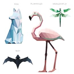 low poly set geometric animals 
in color: flamingo, dragonfly, fox, bat, vector  illustration   in colour on white background