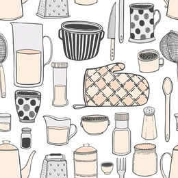 seamless pattern of kitchenware and utensils hand drawn vector illustrations modern drawing style, isolated on white background. cooking kitchen background.elements for design.