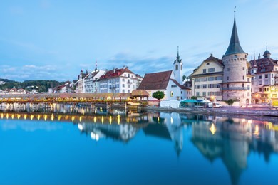 beautiful historic city center of lucerne with famous chapel bridge and lake lucerne (vierwaldstattersee), canton of lucerne, switzerland