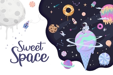 sweet space cartoon poster with fantasy chocolate cookie, candy, donut, caramel sweets planets and astronaut. birthday party invitation, fantasy galaxy game concept. editable vector illustration