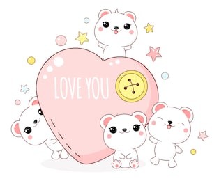 cute valentine's day card in kawaii style. lovely polar bears with heart, inscription love you. eps8