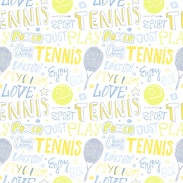sketch handwritten tennis seamless pattern on a white background. lettering, ball, star, racket, slogan. sport print design for t-shirts, clothes. enjoy, play, go, love, my rules, power, motivation.
