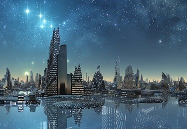 futuristic alien city by night - computer artwork