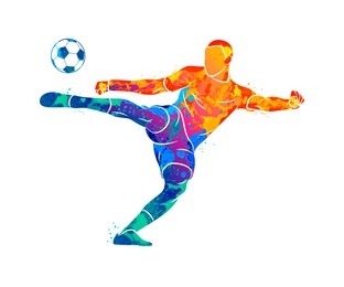 abstract professional soccer player quick shooting a ball from splash of watercolors. vector illustration of paints