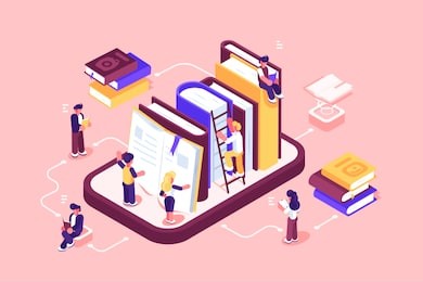 online library media and books vector illustration. cartoon people searching and reading e-book. boys and girls using ebook for study on e-library at school flat style concept. isolated on pink