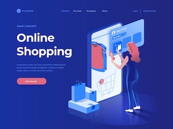 sale, consumerism and people concept. young woman shop online using smartphone. landing page template. 3d vector isometric illustration.