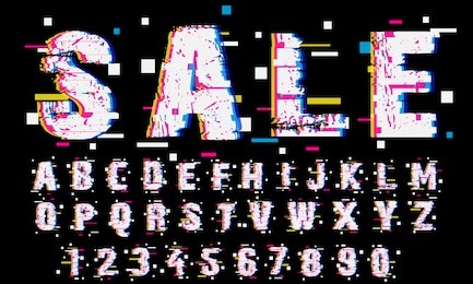 vector of glitch modern alphabet letters and numbers, grunge and carved linear stylized rounded fonts, minimal italic letters set for futuristic, universal, branding identity, sport