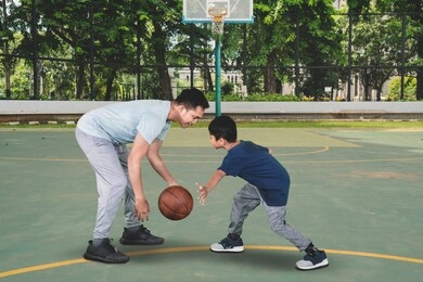 picture of a young man and his son exercising with basketball in the field