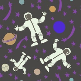 vector space seamless pattern with astronauts, planets and stars. night sky hand drawn doodle background.