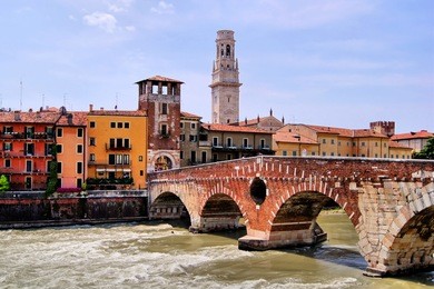ancient roman bridge in verona, italy, ponte di pietra