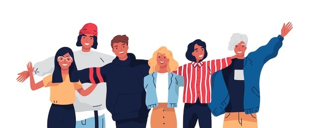 group portrait of smiling teenage boys and girls or school friends standing together, embracing each other, waving hands. happy students isolated on white background. flat cartoon vector illustration.