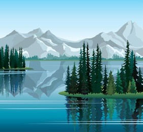 group of pine trees reflected in calm still water with mountains on a  background