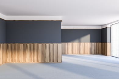 interior of empty room with gray and wooden walls, carpeted floor and large window. concept of interior design. 3d rendering