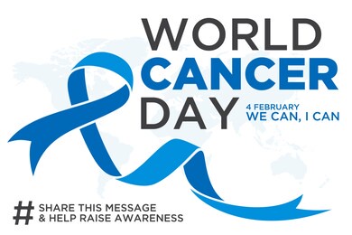 world cancer day lettering element design with blue color ribbon on white background. vector illustration of world cancer day with ribbon and text. vector illustration eps.8 eps.10