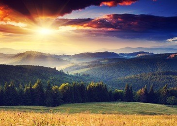 majestic sunset in the mountains landscape. dramatic sky. carpathian, ukraine, europe.