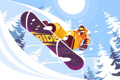 jumping snowboarder in trendy suit flat style vector illustration. well-dressed man in bright orange sportswear. winter and sport concept. snowy trees on background