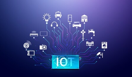 internet of things. smartphone network communications with things and objects, mobile device connectivity concept vector.