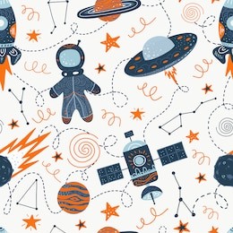 vector illustration on the theme of space travel and adventure. hand drawing seamless doodle pattern. milky way, galaxy, rocket, ufo, astronaut, space satellite and stars. image for t-shirt, postcard