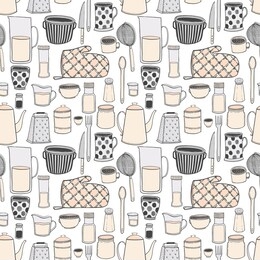 seamless pattern of kitchenware and utensils hand drawn vector illustrations modern drawing style, isolated on white background. cooking kitchen background.elements for design.