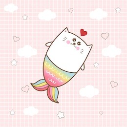 kawaii cat mermaid with pastel colors background