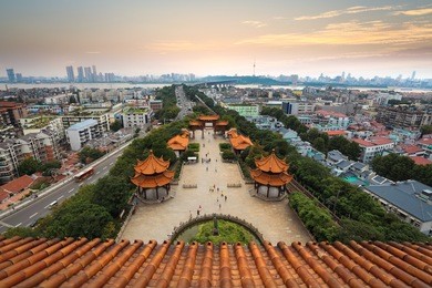 aerial view of wuhan city at dusk,view from yellow crane tower,china