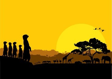 illustration of wildlife animals silhouette at sunset, vector