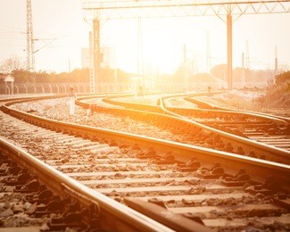 railway in fog on station, outdoor landscape