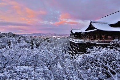 dawn of kiyomizu temple covered with snow.kyoto,japan.