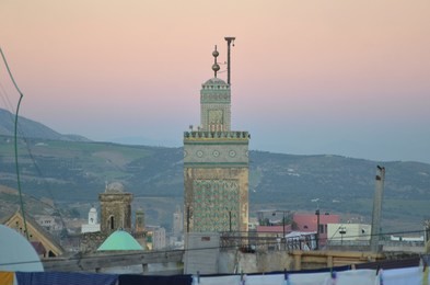 minarets of fes seen through bab bou jeloud gate.