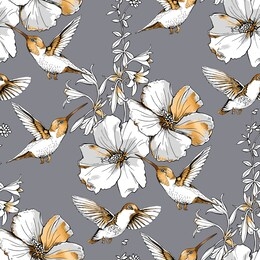 seamless pattern. exotic tropical hibiscus flowers and hummingbirds. gold and silver composition on a gray background. textile composition, hand drawn style print. vector illustration.