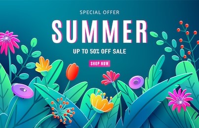 summer sale ad background with paper cut fantasy flowers, leaves, stem isolated on dark backdrop. minimal 3d style floral background. discount text offer 50 percent off. vector illustration.