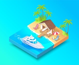 isometric island spa resort bungalow and white yacht vector illustration