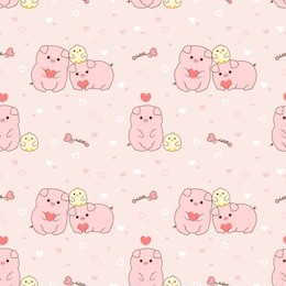 seamless pattern pig and chick on pink background