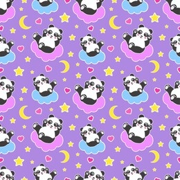 good night seamless pattern with cute panda bear, moon, hearts, stars and clouds. sweet dreams background. vector illustration.