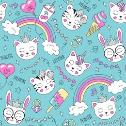 cute animals pattern on a turquoise background. colorful trendy seamless pattern. fashion illustration drawing in modern style for clothes. drawing for kids clothes, t-shirts, fabrics. tiger, cat, bun