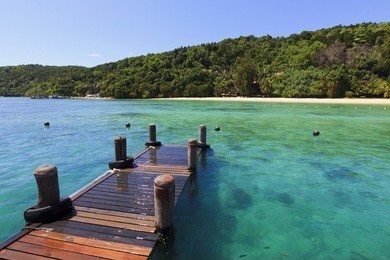 clear waters at the dock. manukan island at borneo, sabah, malaysia