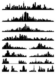 set of detailed city skyline silhouettes