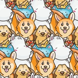 seamless pattern with cute domestic animals. kawaii doodle pets. raster endless illustration