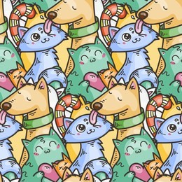 seamless pattern with cute domestic animals. kawaii doodle pets. raster endless illustration