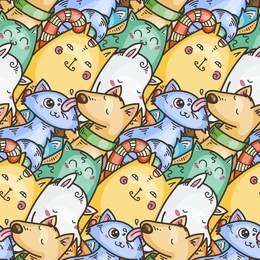 seamless pattern with cute domestic animals. kawaii doodle pets. raster endless illustration