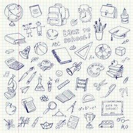 freehand drawing school items on a sheet of exercise book. back to school. vector illustration. set
