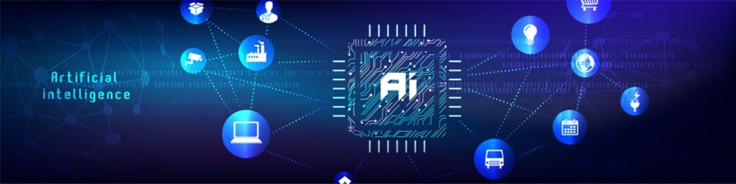 vector illustration of intelligence chip on circuit motherboard background between glowing digital network for artificial intelligence (ai) deep learning concept.