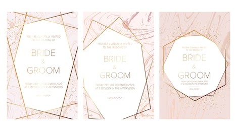luxury set of elegant brochure,wedding invitation card, background, cover. blush pink marble and glitter texture. gold geometric frame.trendy wedding invitation.all elements are isolated and editable.