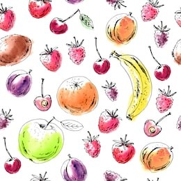 hand drawn fruit seamless pattern. ink and watercolor sketch apple, orange, plum, apricot, kiwi, banana, cherry, raspberry, strawberry. for food background design.