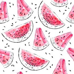 hand drawn seamless pattern. ink and watercolor sketch watermelon peices and seeds. summer fruit background design.