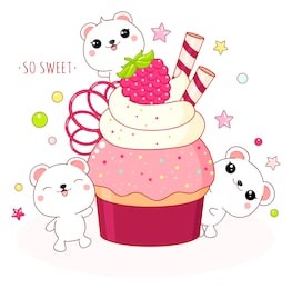 cute yummy card in kawaii style. lovely polar bears with raspberry cake. inscription so sweet. eps8