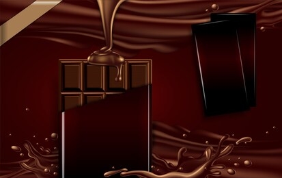 a bar of dark chocolate in a torn package and two more chocolates on the background of the texture of liquid chocolate and a splash.