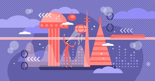 future vector illustration. flat tiny next century tech city person concept. urban and futuristic buildings cityscape. view with modern towers architecture and environment panorama in digital world.