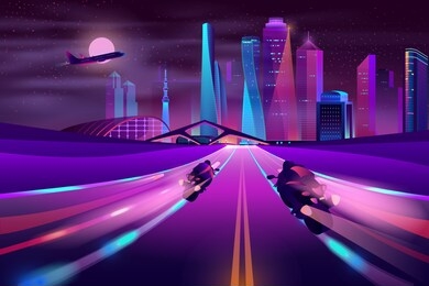 modern metropolis highway cartoon vector in neon colors with two biker on sport motorcycles racing on road, riding with high speed, leaving light traces behind illustration. city nightlife background